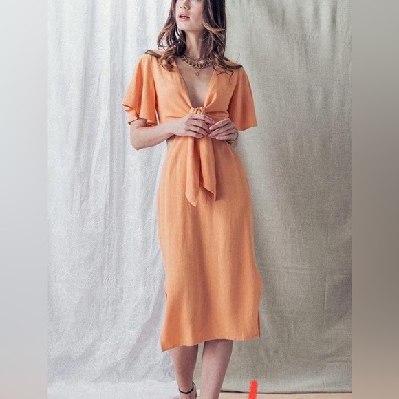 NWOT Fore Orange Sorbet Summer Cutout Flutter Sleeve Midi Dress, Size L. - Picture 3 of 7